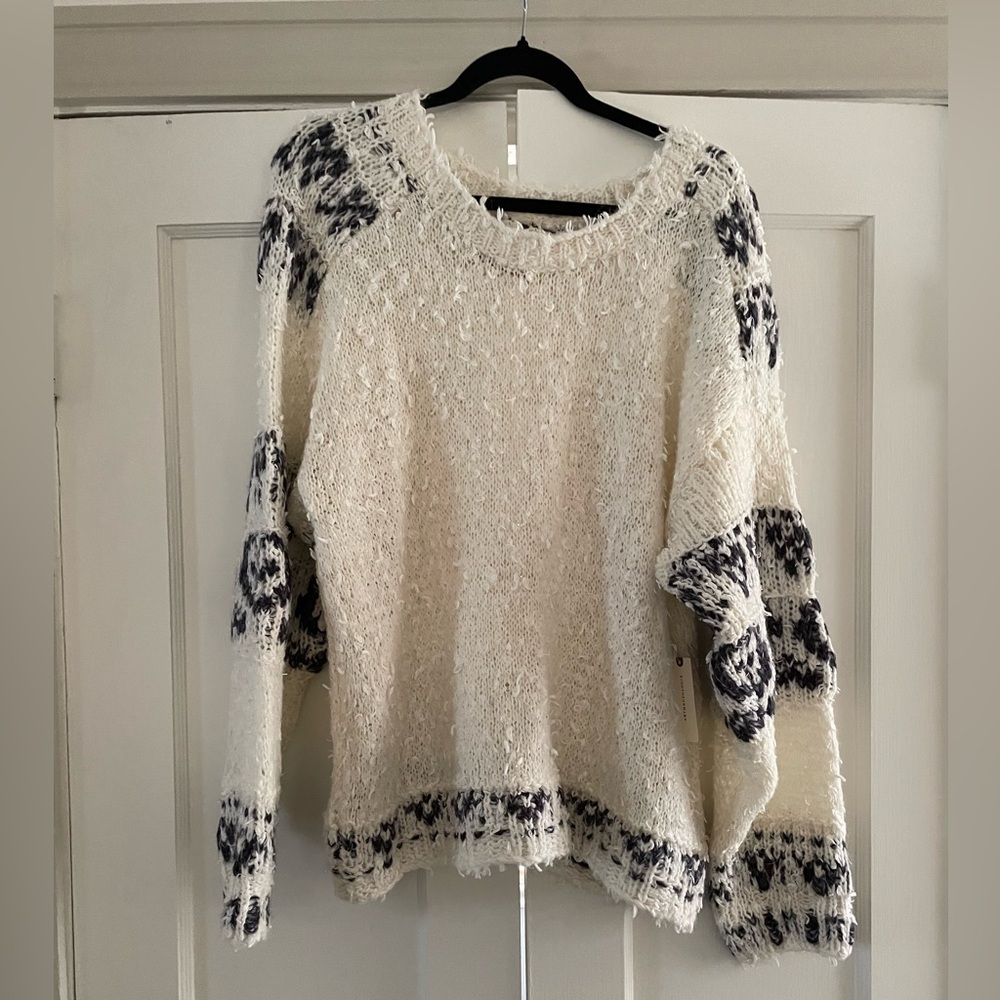 Pilcro Cream and Black Crew Neck Sweater with Floral Design
